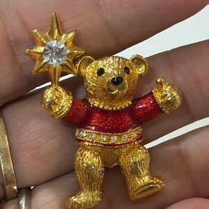 Christopher Radko Gold and Red Bear Brooch with Star
